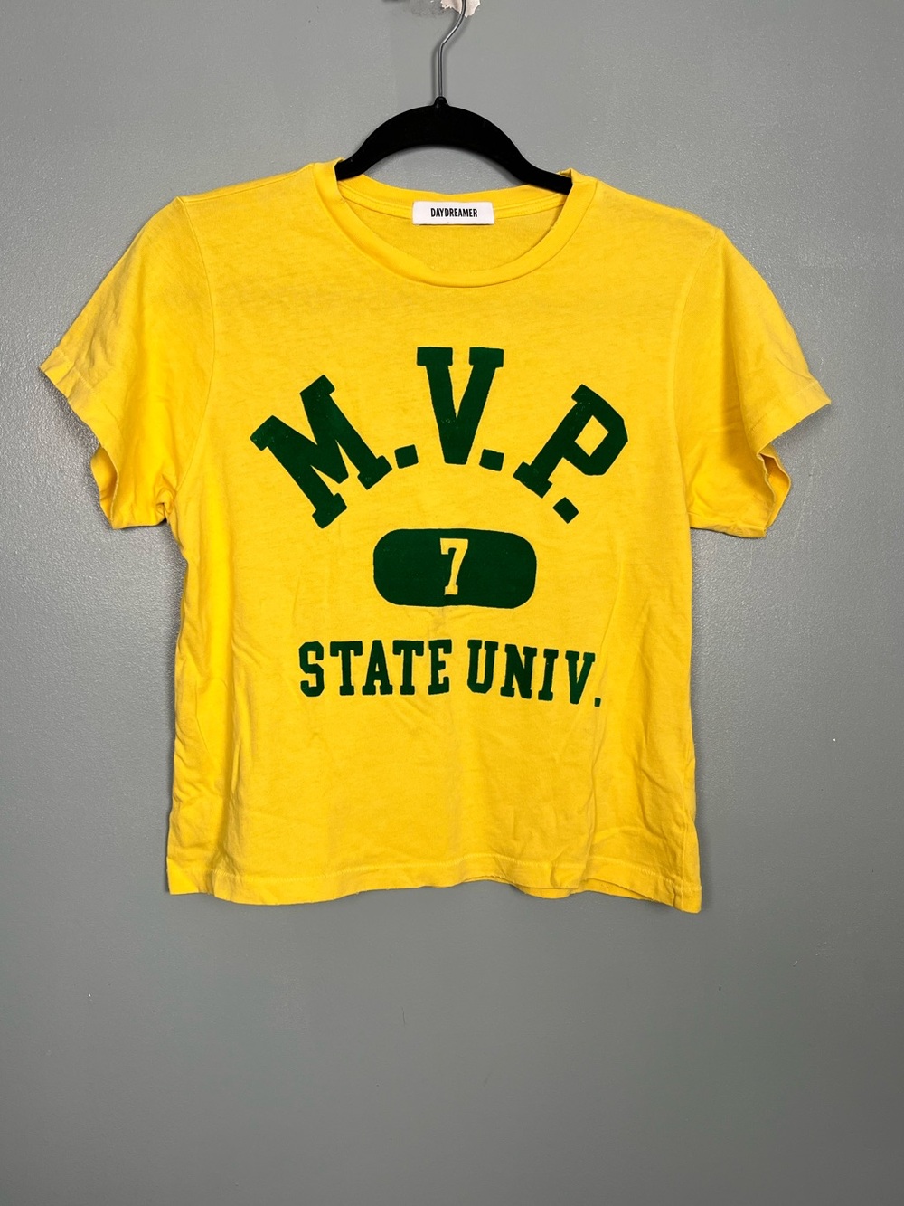 Daydreamer Yellow Short Sleeve Tee with Green Collegiate Print